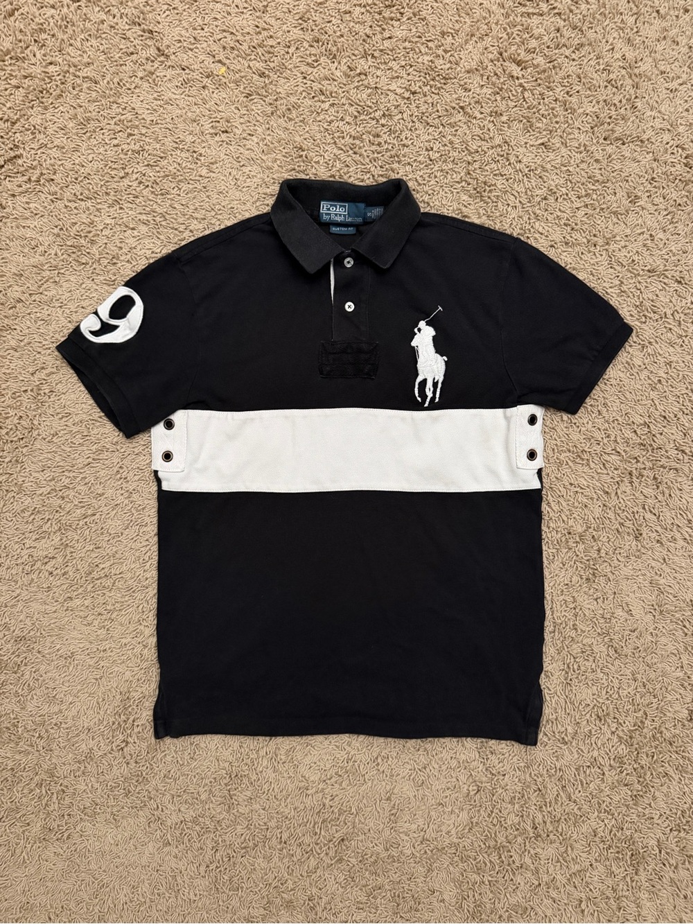 Vintage 90s Polo Ralph Lauren Big Pony Polo Shirt White Stripe #9 Sz Small RARE